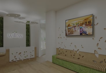 A 3d rendering of the lobby of a hotel.